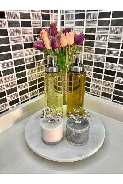 Sümeyra Marble Art Mercan - Round Marble Serving Tray and Two Marble Spice Bowls with Lids (Set of 3)