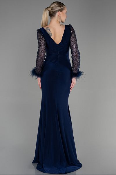 Abiyefon Long Sleeve Navy Blue Sequin Slit Evening Dress - ABU3008