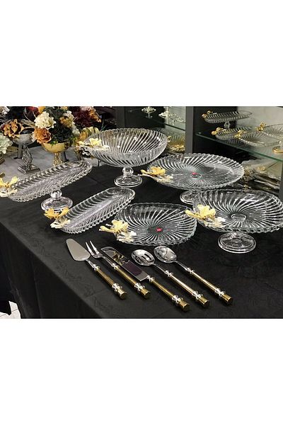 Santara طقم عرض رائع من Avangarde Gold مع فراشة معدنية مكونة من 6 أطباق عرضية ومجموعة تقديم مكونة من 5 قطع