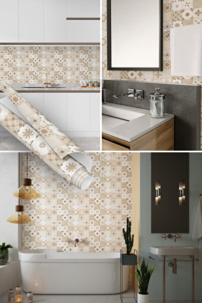 Dekoros Bej Çini Desenli Yapışkanlı Folyo, Fayans Görünümlü, Mat, Su Geçirmez Kaplama Kağıdı 45x500cm 0352