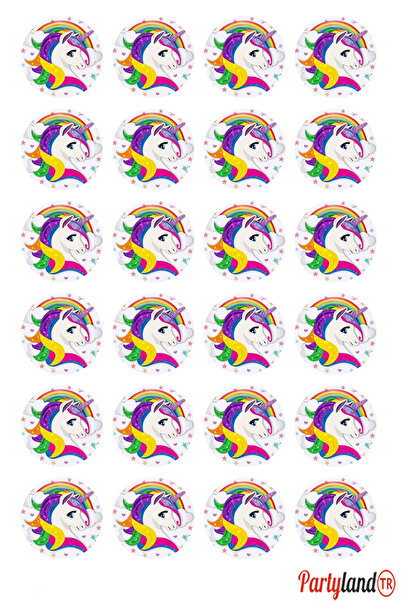 PartylandTR Unicorn 5 cm. Yapışkanlı Yuvarlak Etiket - Sticker 24 Adet