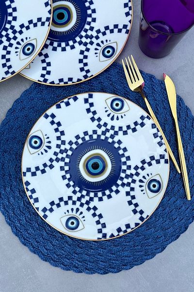 porselenden Evil Eye Beaded Gold Gilded 25 Cm Porcelain Modern Blue Serving Plate Set for 6 Persons