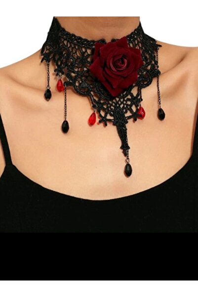 Shisa Jewel Güz Gotik Chokers Siyah Boncuklu Çiçekler Dantel Boyun Kolye[09]