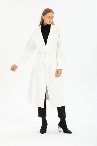 Pitti White Women's Long Coat with Balloon Sleeves - Lined, 70616