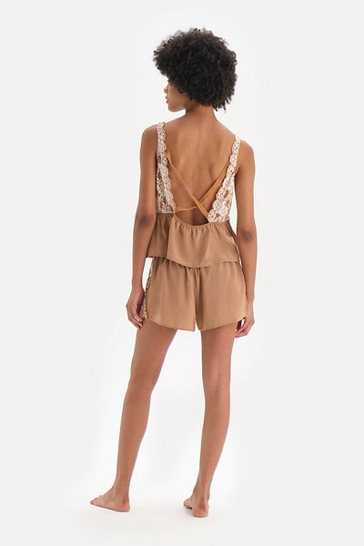 Dagi Braunes, gerüschtes, gewebtes Camisole mit Samtstreifen und detaillierten Details