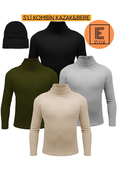 EMKA GİYİM 5-piece combination men's turtleneck turtleneck sweater and beret