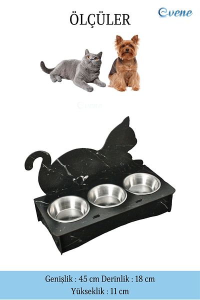 Evene Cat Food Bowl Cat Water Bowl Cat Food and Water Bowl Cat Food Bowl 3 Steel Bowl Model 4 Black Marble