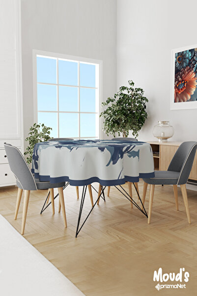 Moud's Mavi Kamuflaj Desenli Yuvarlak Süet Dertsiz Masa Örtüsü