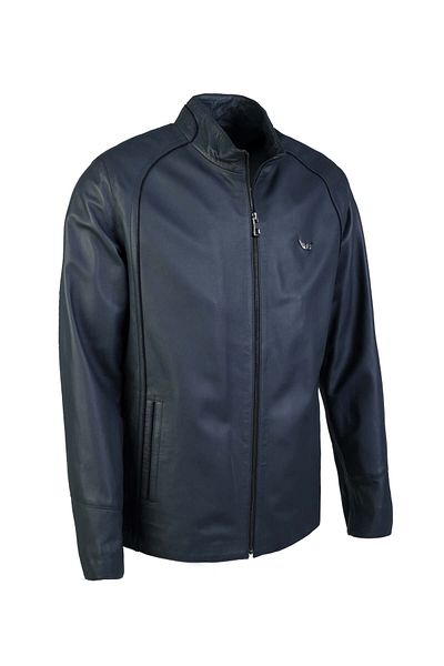 Tamer Tanca Navy Blue Genuine Leather Men's Coat