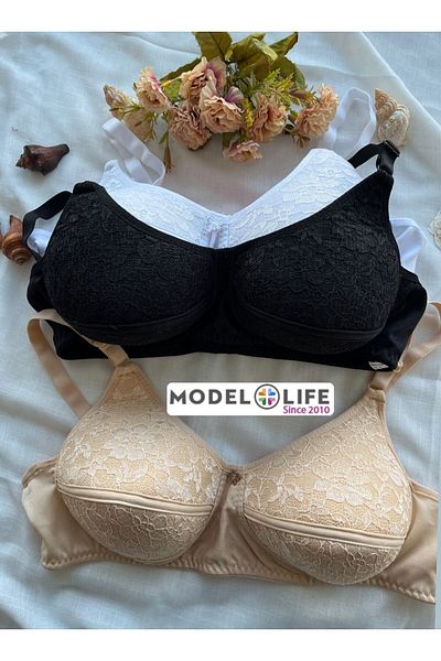 MODELLİFE Sutien din burete din bumbac pieptănat din 3 piese B-c Cup Sutien cu dantelă adunată