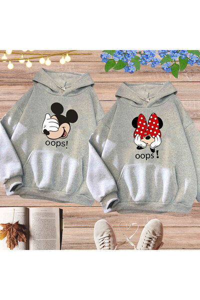 donamod Gri Unisex Kapüşonlu Oops Mickey Mouse Çift Kombin Sweatshırt