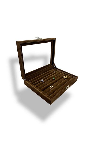 Dijital Çarşı Richbox Λουκάνικο Μοντέλο Δαχτυλίδι Μανικετόκουμπα Καρφίτσα Κουτί κοσμήματος 18x24cm Alcantara Coffee