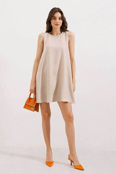 Bigdart 2444 Detailed Mini Linen Dress - Beige