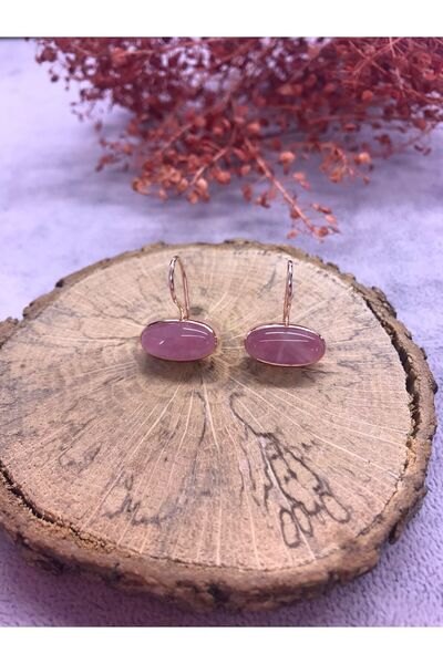 NSA SILVER Pembe Kuvars Taşlı Gümüş Küpe 925 Ayar Doğal Taş