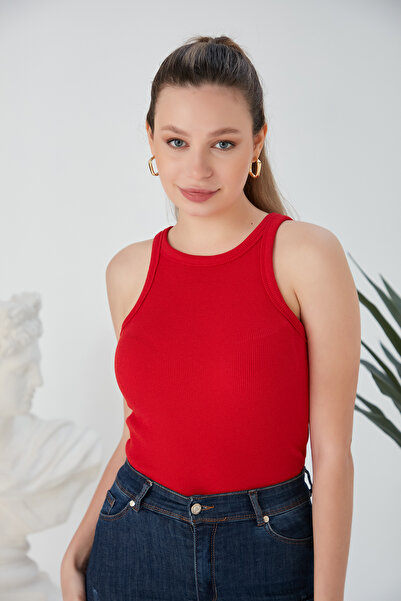 CATSPY Kırmızı Fitted/Vücuda Oturan Fitilli Esnek Örme Bluz