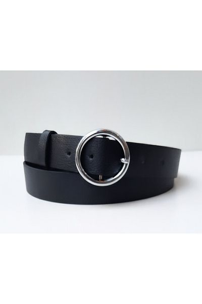 Kemerix Women's Black Belt with Silver Ring Buckle