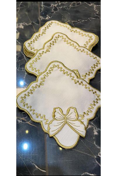 Bonny Home Kelebek Gold 6 piese Cocktail Cafea Șervețel de prezentare Maras Work Glaze Broderie Brodat Gardenia Bol de prezentare