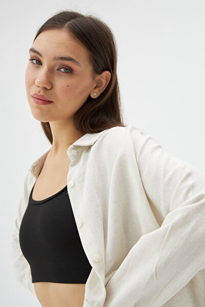 Laluvia Πέτρινο λινό πουκάμισο με χαμηλό ώμο