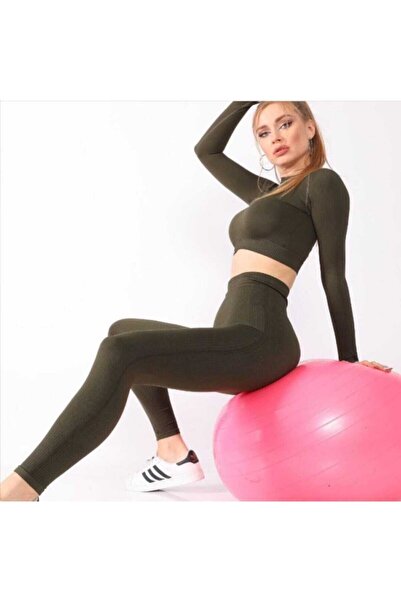 MAGZA Kadın Haki Extra Yüksek Bel Dikişsiz Spor Tayt Crop Ile Takım