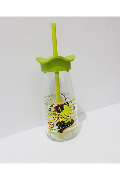 renkli çiçekler Milk Bottle with Straw Milk Meye Juice Bottle for Kids 250ml Cartoon Pattern Bottle