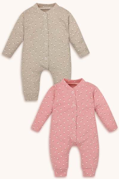 bebizu Kendinden Patikli Ribanalı Minik Çıtır Çiçek Desenli Çıtçıtlı 2li Tulum