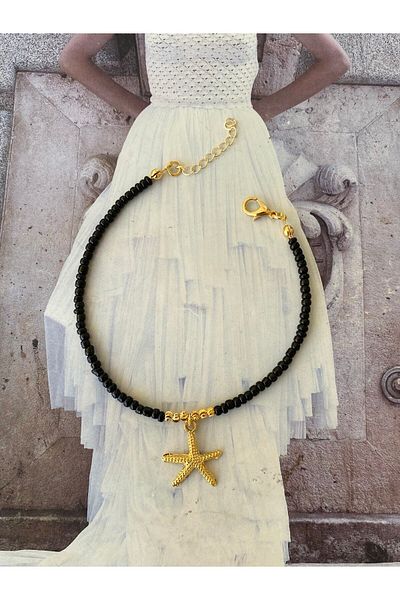 ACCESSORIES WORLD Gold Colored Starfish - Black Bead Detailed Women's Anklet