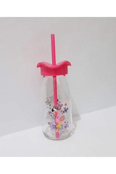 renkli çiçekler Milk Bottle with Straw Milk Meye Juice Bottle for Kids 250ml Cartoon Pattern Bottle
