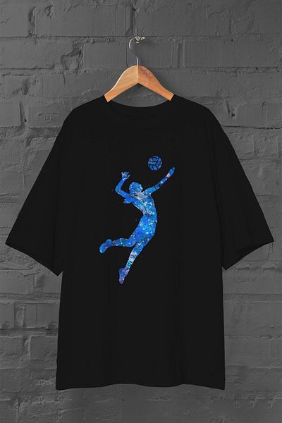 Pisa Art Унисекс черна тениска с щампа за волейбол с надпис Slam Dunk