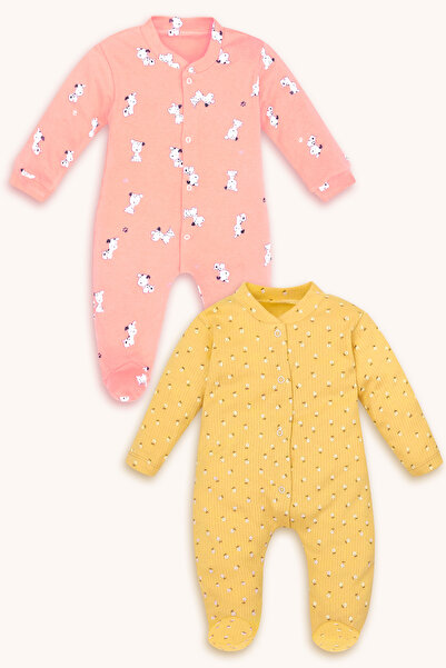 bebizu Çıtçıtlı Yavru Köpek Ve Çıtır Çiçek Desenli Patikli 2li Tulum