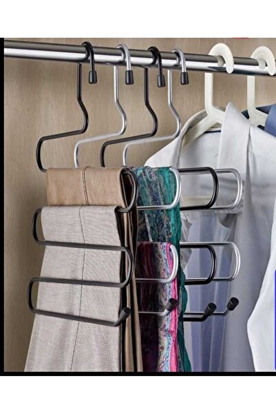 assell 5 Bölmeli Siyah Metal Elbiselik Askı, Etek Pantolon Askısı, Paslanmaz Çelik Askı