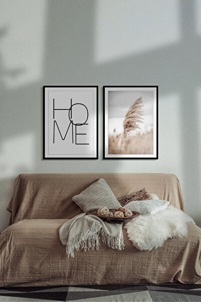 UON Pampas Home Temalı Siyah Çerçeve Görünümlü 2 Parça Mdf Tablo Seti Mdf Baskı Mdf Duvar Tablosu