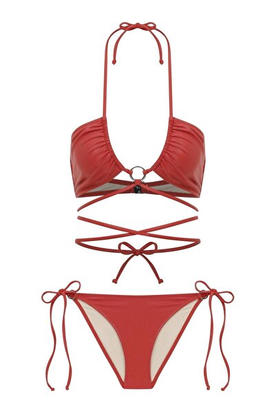 AQUELLA Комплект яркочервен бикини с аксесоари, връзки отпред и халтер врат