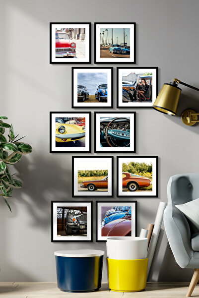 UON Siyah Çerçeve Görünümlü 10 Parça Mdf Tablo Seti Modern Car Araba Mdf Bask...
