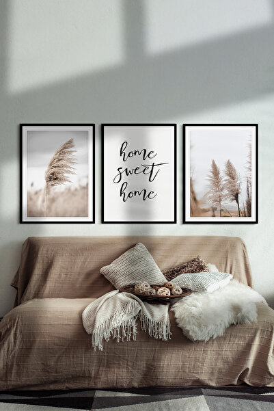 UON Pampas Temalı Siyah Çerçeve Görünümlü 3 Parça Mdf Tablo Seti Modern Mdf B...