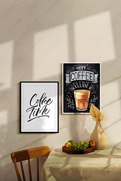 UON Caffee Time Temalı Siyah Çerçeve Görünümlü 2 Parça Mdf Tablo Seti Modern ...