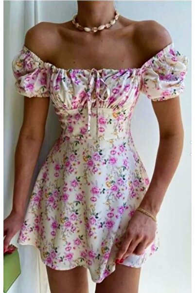 MOODMODA Mini Önü Bağlamalı Çiçekli Elbise Bej