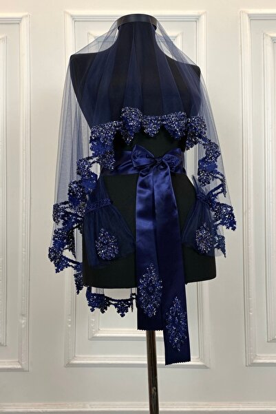 ZEYMERADE Lacivert Gelin Duvak Seti, Cam Boncuk ve Pul Baskılı Kına Duvağı Se...