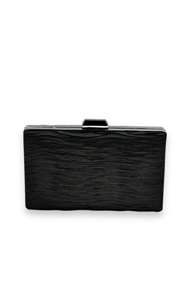 Biçanta Geantă neagră plisată din satin pentru rochie de seară cu mâner metal...