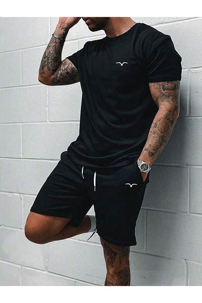 AMMA Men's Bird Printed Top and Bottom T-Shirt Set with Shorts