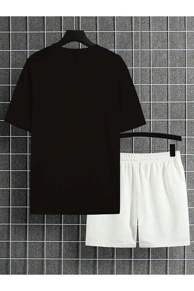 AMMA Men's Black and White Lucky To Meet You Printed Top and Bottom Shorts T-Shirt Set