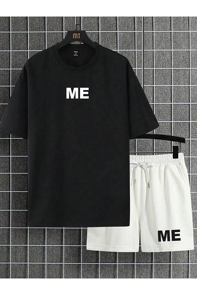 AMMA Men's Black and White Me Printed Top and Bottom Shorts T-Shirt Set