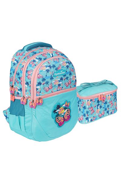 RKY SERENITY Turcoaz cu figură fluture de relaxare - ghiozdan și cutie de prânz pentru școala primară roz pudrat