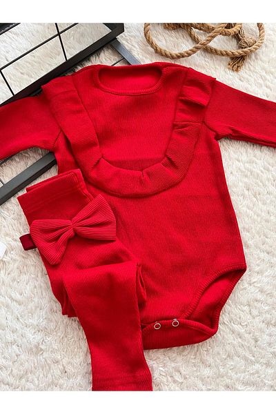BAHNUR BABY RED TROPHY RIBANA ZIBIN TIGHTS AND BANDANA SET SET