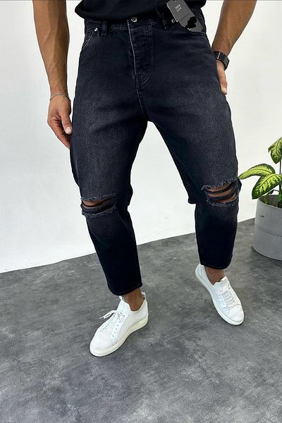 Denim Shorty Boyfriend Μαύρο Χρώμα Αντίκες Τζιν Παντελόνι με σκισίματα γονάτων