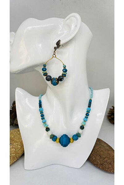 Porsuk Alternatif مجموعة أقراط قلادة نسائية مصنوعة يدويًا من الخرز الخزفي العرقي