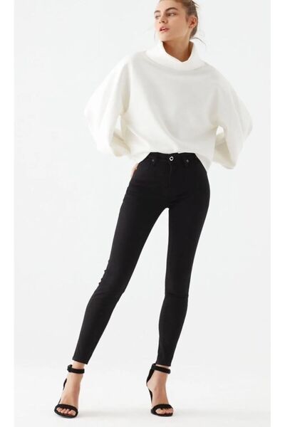 QİSSO Blugi cu talie înaltă, negri, mărimi mari, supradimensionate, picior sl...