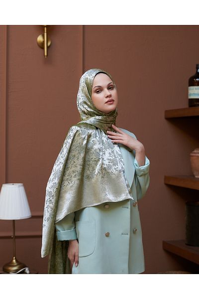 Scarf Shiny Jacquard Flower Pattern Shawl - Beige Khaki -
