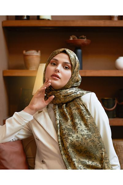 Scarf Shiny Jacquard Flower Pattern Shawl - Gold Black -
