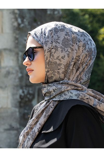 Scarf Shiny Jacquard Flower Pattern Shawl - Gray Black -
