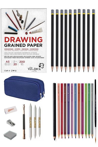 GLANCE Van Dyck 200 gr A5 Drawing Sketch Set with Sketch Notebook, Charcoal and Water Color Drawing Pen